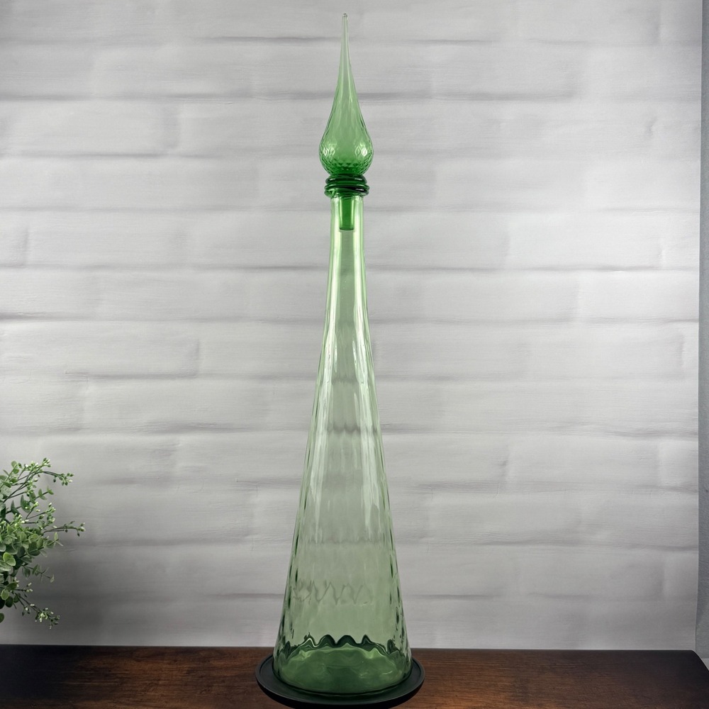 Empoli Italy Green Glass Genie Bottle Decanter 26.5" Flame Stopper